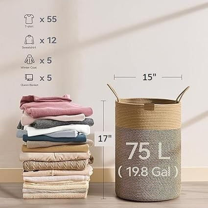 GoHooked cotton rope laundry bag in brown and black with 75L capacity shown next to a stack of folded clothing