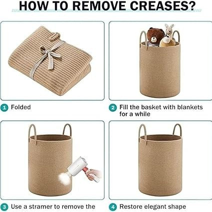 GoHooked cotton rope laundry basket showing four steps to remove creases using folding, filling, and steaming methods.