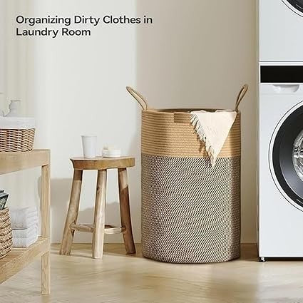 GoHooked brown and black cotton rope laundry basket with handles in a modern laundry room setting