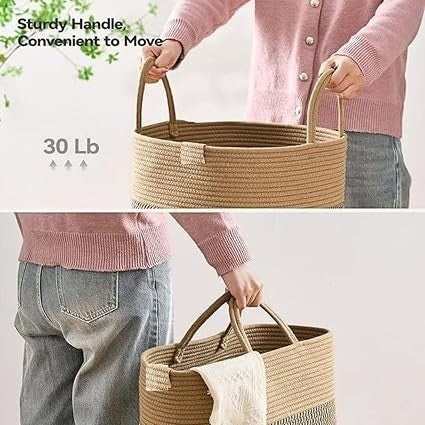 GoHooked cotton rope laundry basket in brown and black with sturdy handles being carried by a person