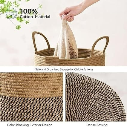 GoHooked cotton rope laundry basket with brown and beige color-blocking, sturdy handles, and dense woven texture.