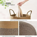 GoHooked cotton rope laundry basket with brown and beige color-blocking, sturdy handles, and dense woven texture.