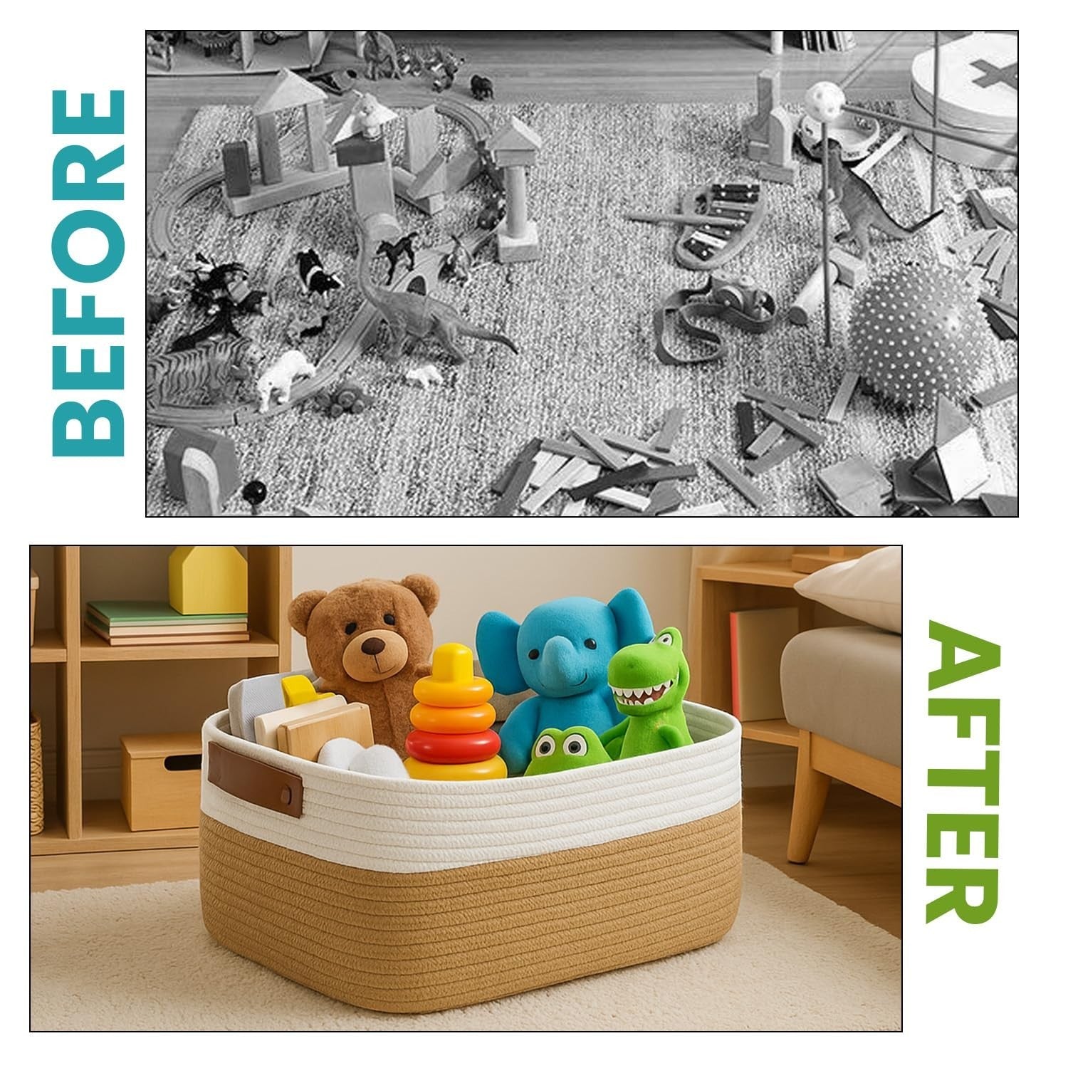 GoHooked beige and white cotton rope storage basket with soft handles, holding toys.