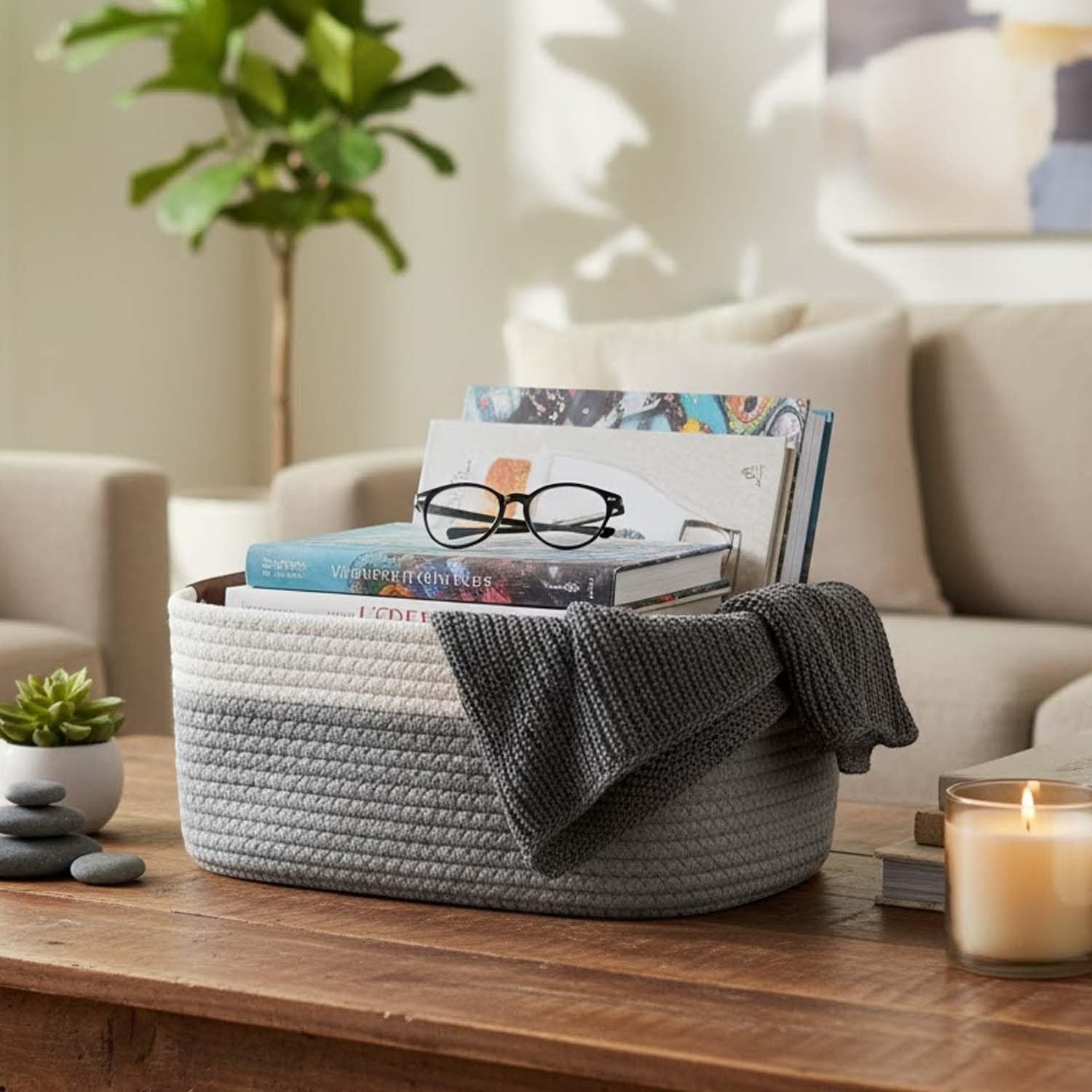 Go Hooked Rectangular Cotton Rope Storage Basket with PU Leather Handles | Foldable Woven Basket for Clothes, Toys, Shelves & Wardrobes | Light Pink Multi-Purpose Storage Bin for Home & Office