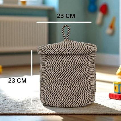 GoHooked cotton rope storage basket with lid, featuring a woven black and white design for nursery or playroom organization.
