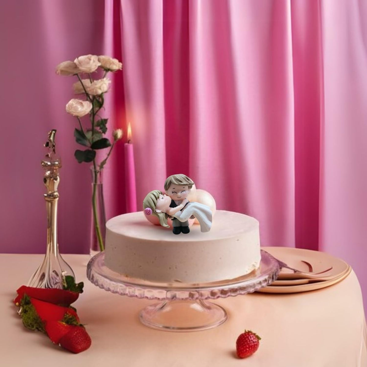 Go Hooked romantic bride and groom figurines in black and white, kissing on a cake. Made of resin.