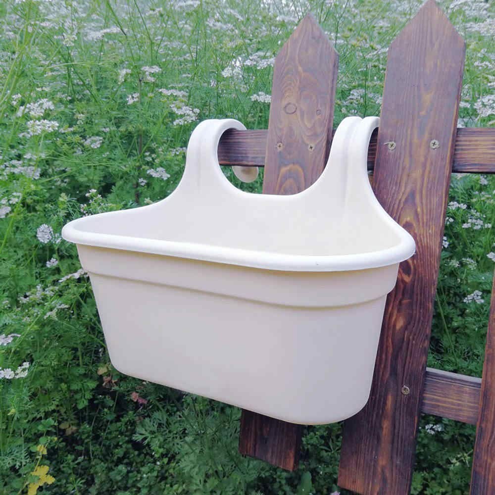 GoHooked cream plastic oval railing planter with double hooks and drainage hole, perfect for balconies and gardens.
