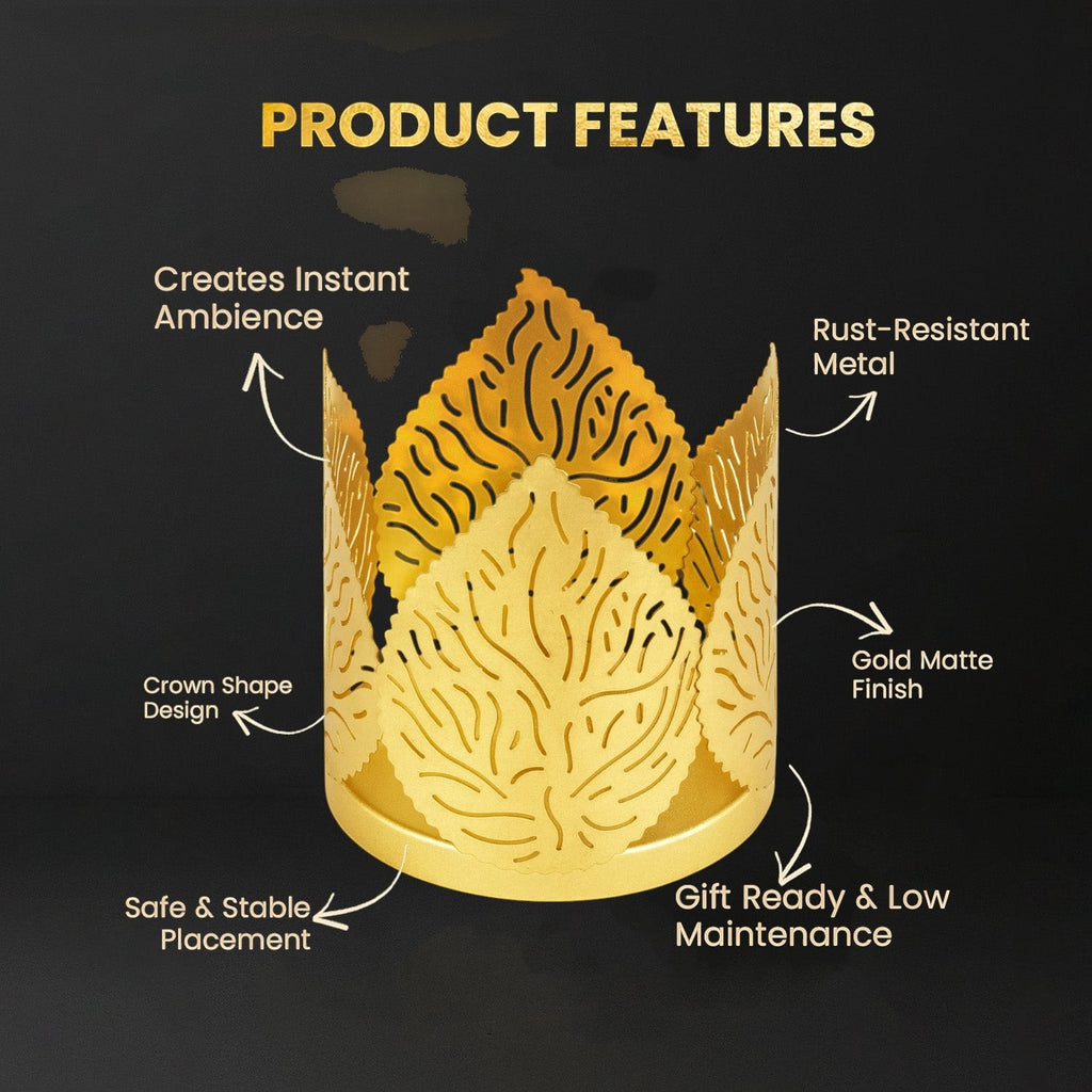 GoHooked crown-shaped tealight holder with leaf cutouts, matte gold finish, metal construction, set of 2.