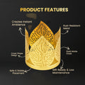 GoHooked crown-shaped tealight holder with leaf cutouts, matte gold finish, metal construction, set of 2.