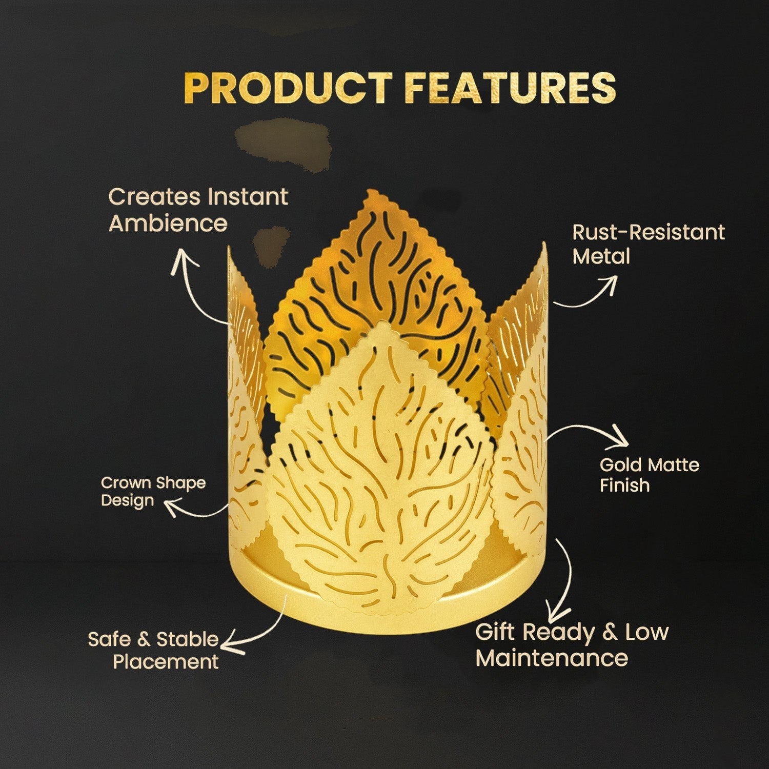 GoHooked crown-shaped tealight holder with leaf cutouts, matte gold finish, metal construction, set of 2.