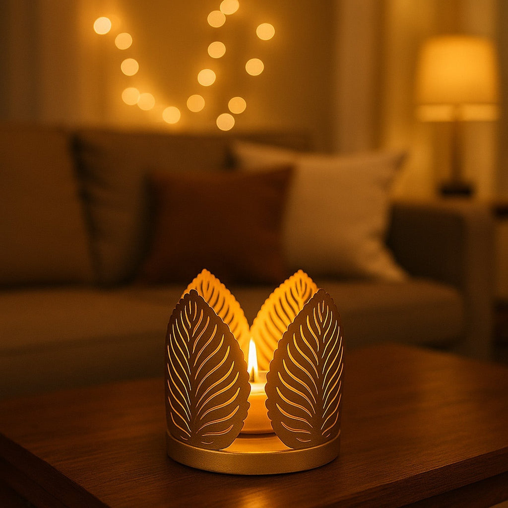 GoHooked handcrafted matte gold metal tealight holder with leaf cutouts, crown shape, set of 2