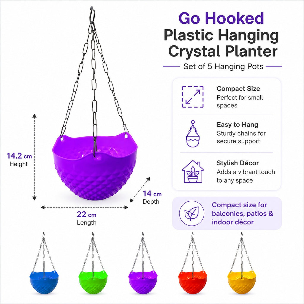 GoHooked set of 5 colorful crystal-textured plastic hanging planters with durable metal chains for indoor and outdoor
