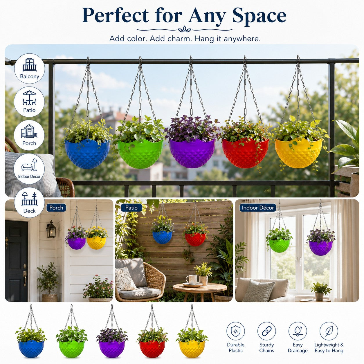 GoHooked set of 5 colorful crystal-textured hanging planters with metal chains displayed in indoor and outdoor settings