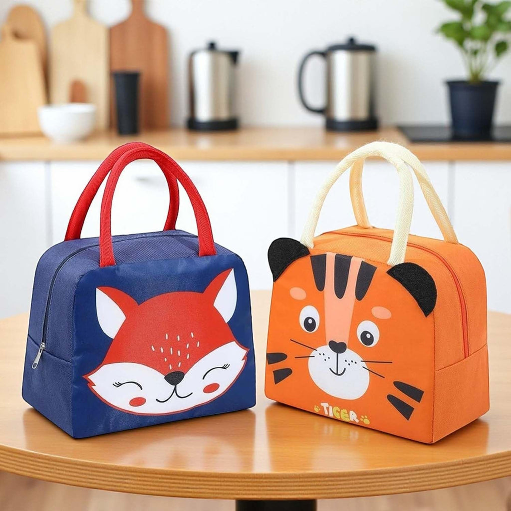 Go Hooked dark blue Oxford cloth lunch bag with red handles and a smiley fox design. Thermal insulated.