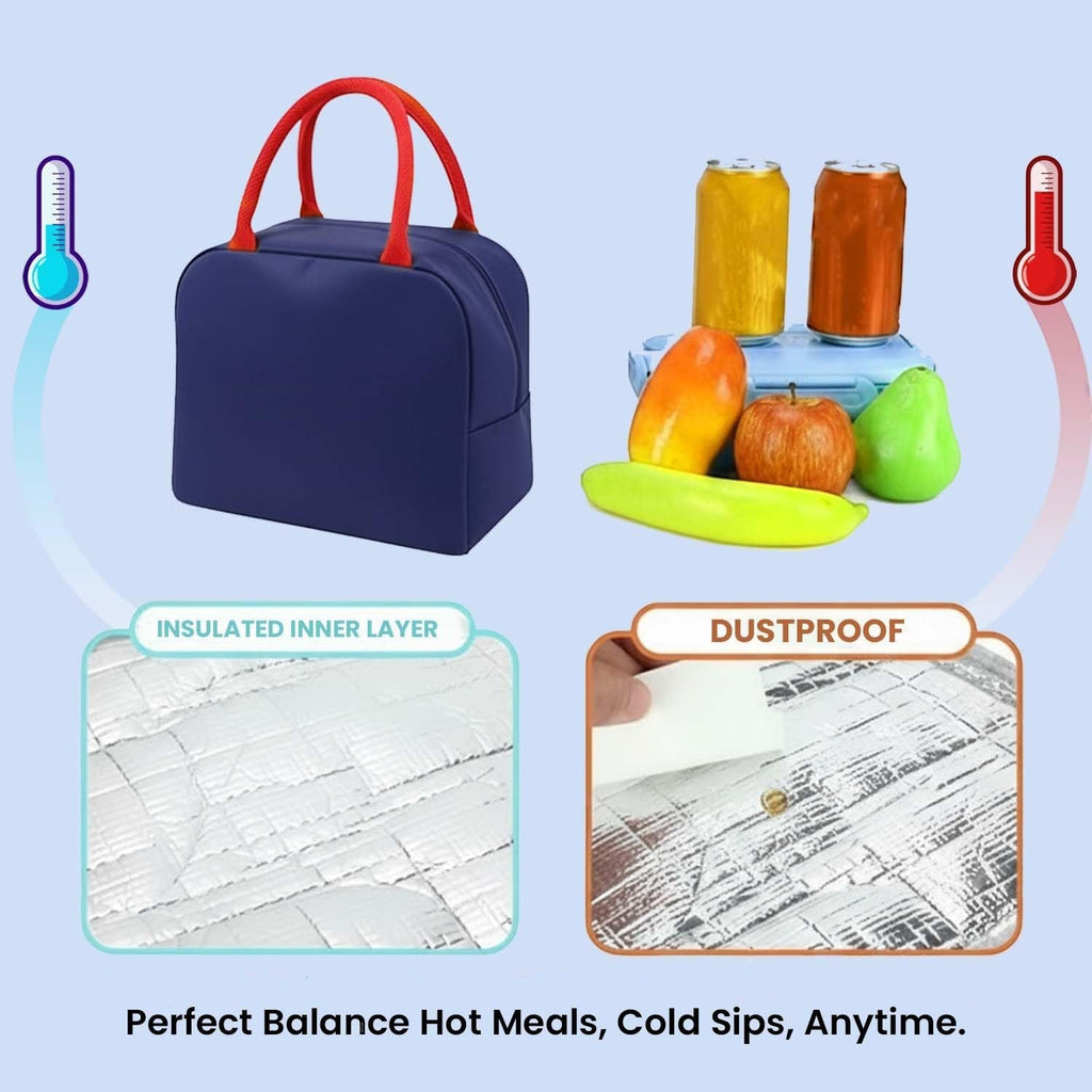 GoHooked dark blue Oxford cloth lunch bag with red handles, insulated inner layer, and dustproof exterior. Features smiley fox design.
