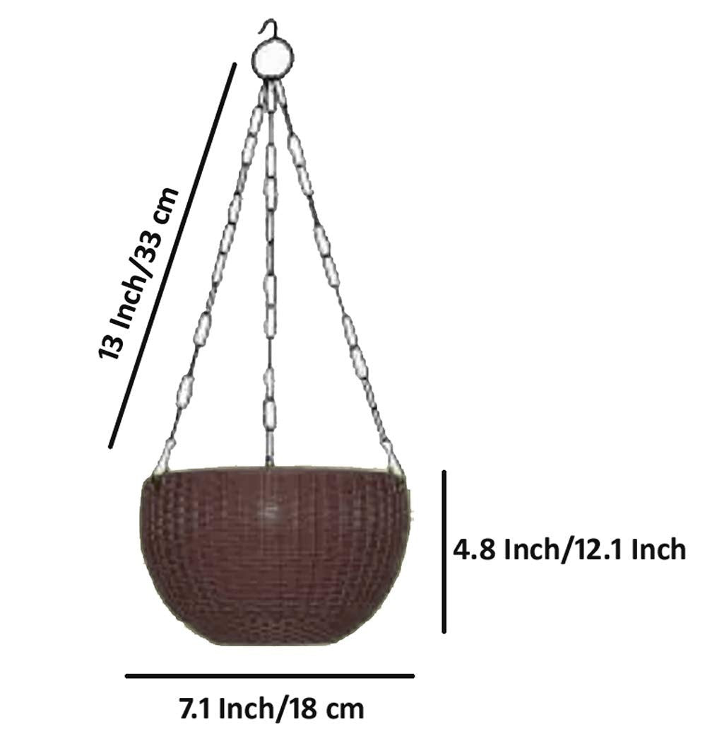 GoHooked dark brown plastic rattan hanging basket with metal chain, 7.1 inch diameter.