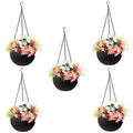 GoHooked dark brown plastic hanging planter basket with woven rattan look, filled with colorful artificial flowers. Set of 5.