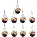 GoHooked dark brown plastic hanging pots with woven texture, 7.1 inch diameter, filled with colorful artificial flowers. Set of 9.
