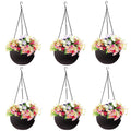 GoHooked dark brown plastic hanging pots with woven texture, 7.1 inch diameter, filled with colorful artificial flowers. Set of 6.