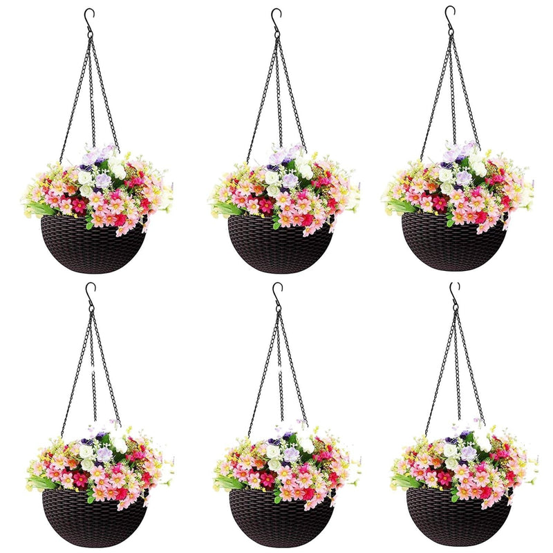GoHooked dark brown plastic hanging pots with woven texture, 7.1 inch diameter, filled with colorful artificial flowers. Set of 6.