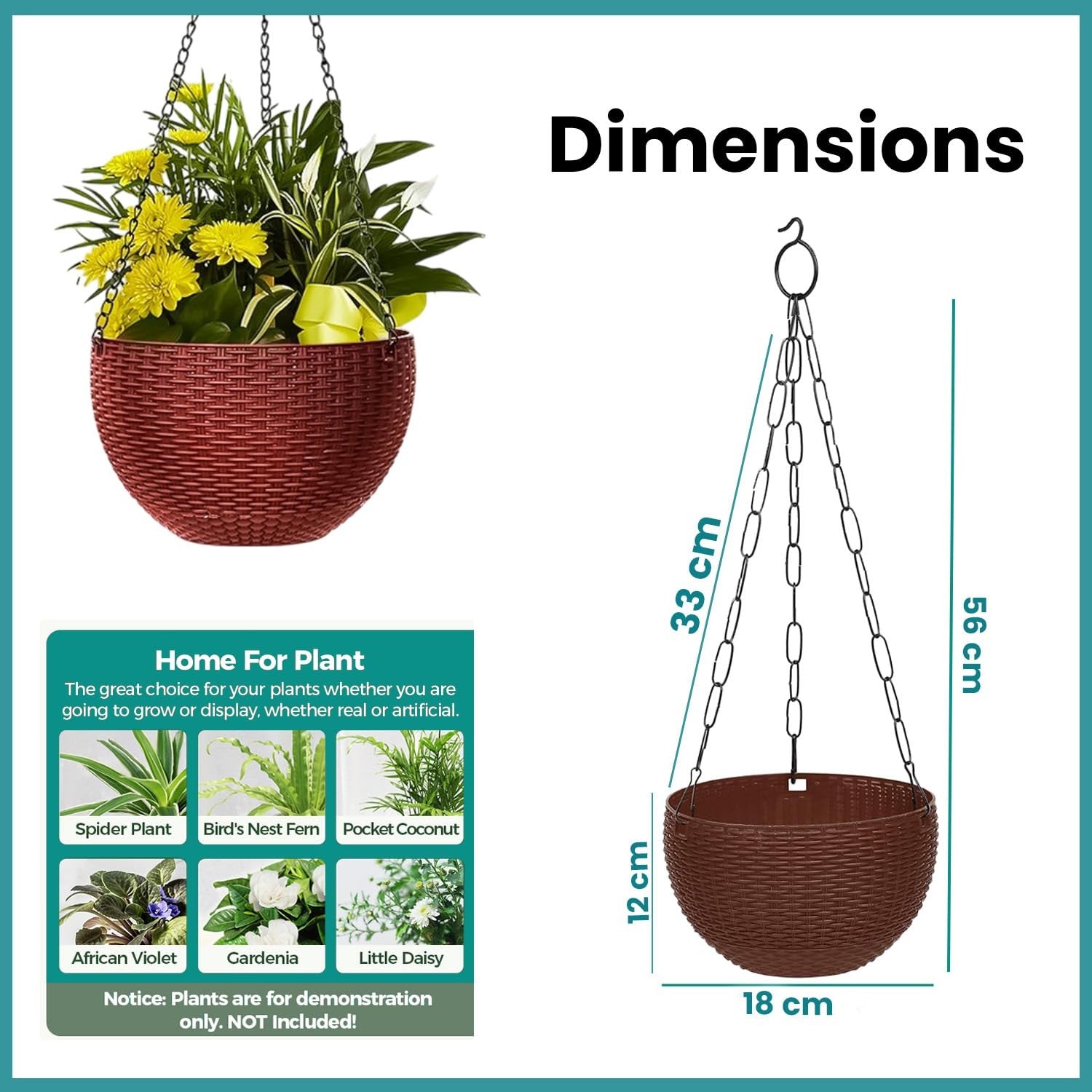 GoHooked dark brown plastic rattan hanging basket with metal chain, 7.1 inch diameter, suitable for indoor/outdoor use.