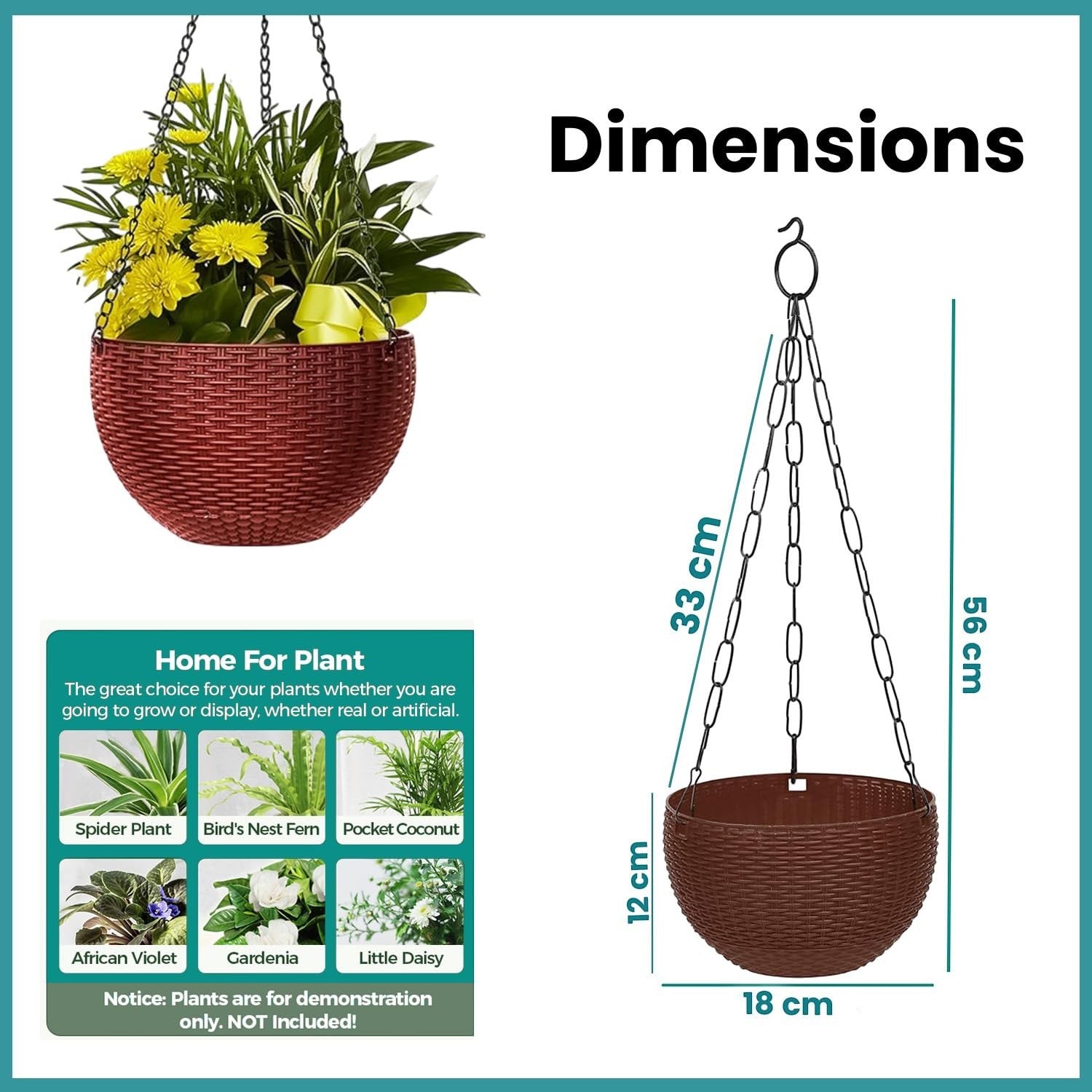 GoHooked dark brown plastic rattan-look hanging basket with metal chain, 7.1 inch diameter, suitable for indoor/outdoor use.