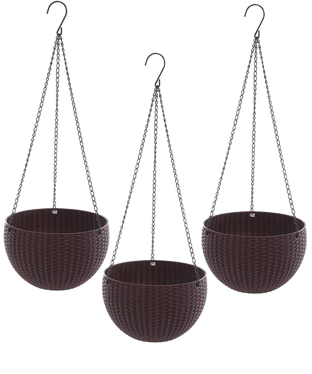GoHooked set of 3 dark brown plastic rattan hanging baskets with metal chains. Round woven texture, rust resistant.