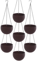 GoHooked dark brown plastic rattan hanging baskets with metal chains, set of 7. Round woven design.