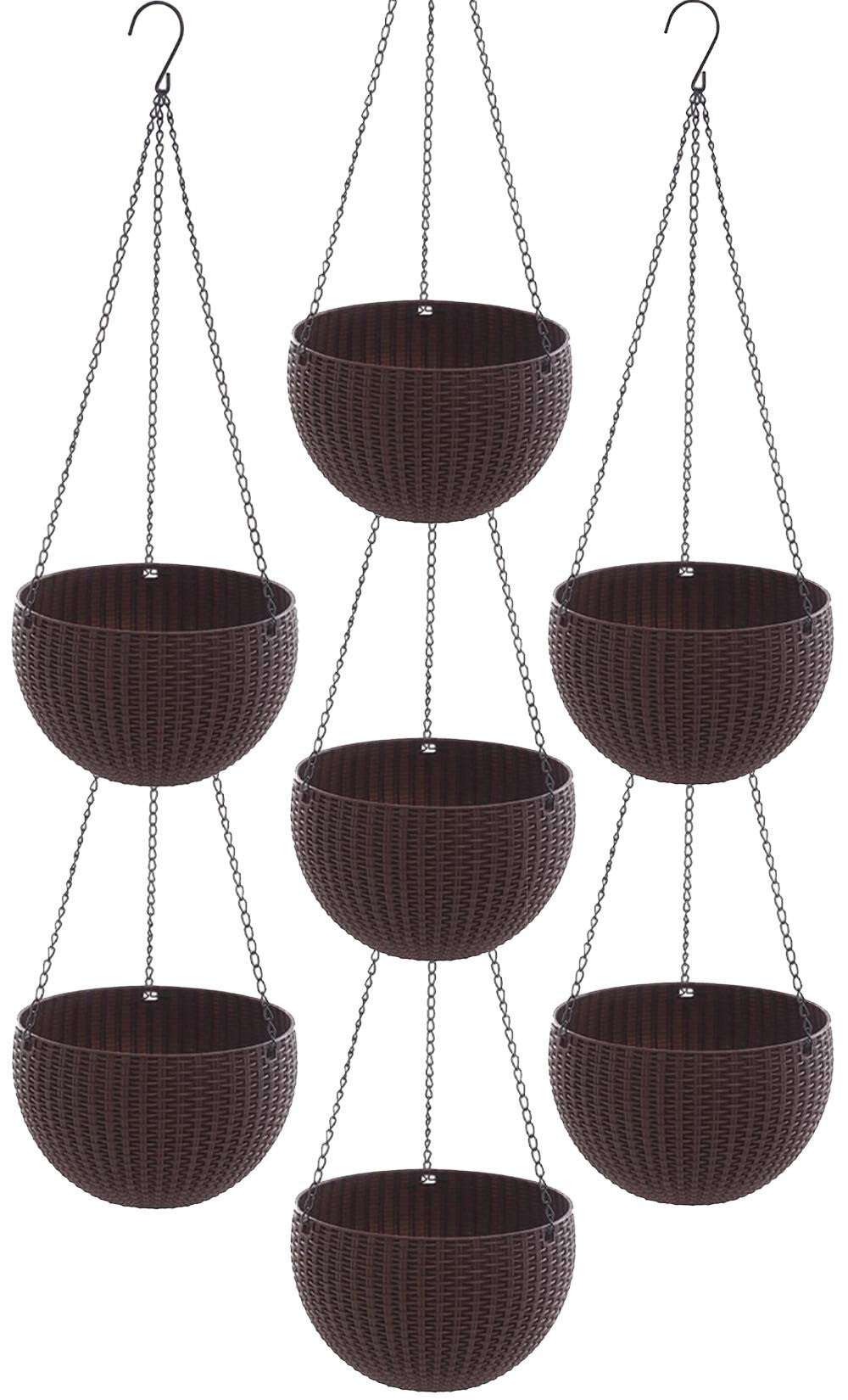 GoHooked dark brown plastic rattan hanging baskets with metal chains, set of 7. Round woven design.
