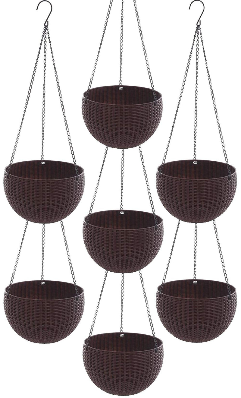 GoHooked dark brown plastic rattan hanging baskets with metal chains, set of 7. Round woven design.