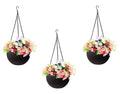 GoHooked dark brown plastic hanging planter with woven texture, filled with colorful artificial flowers. Set of 3.
