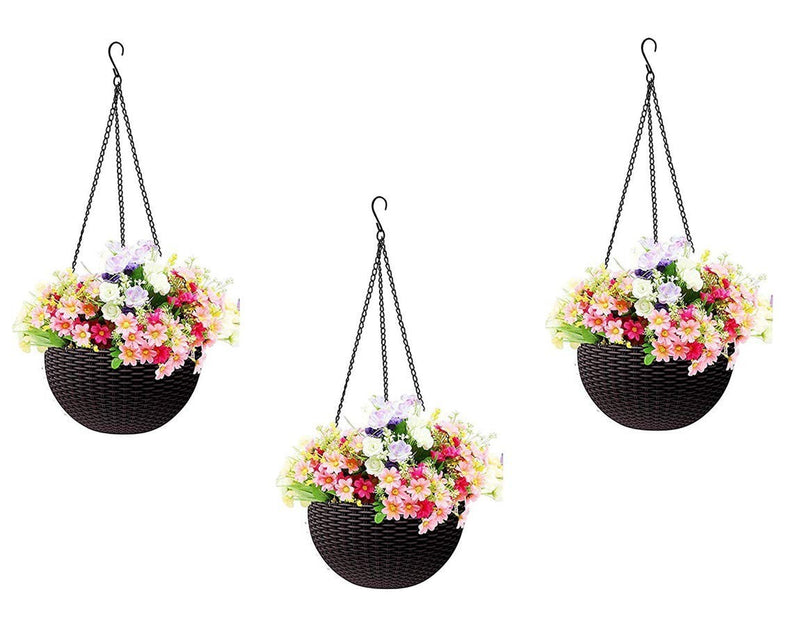 GoHooked dark brown plastic hanging planter with woven texture, filled with colorful artificial flowers. Set of 3.