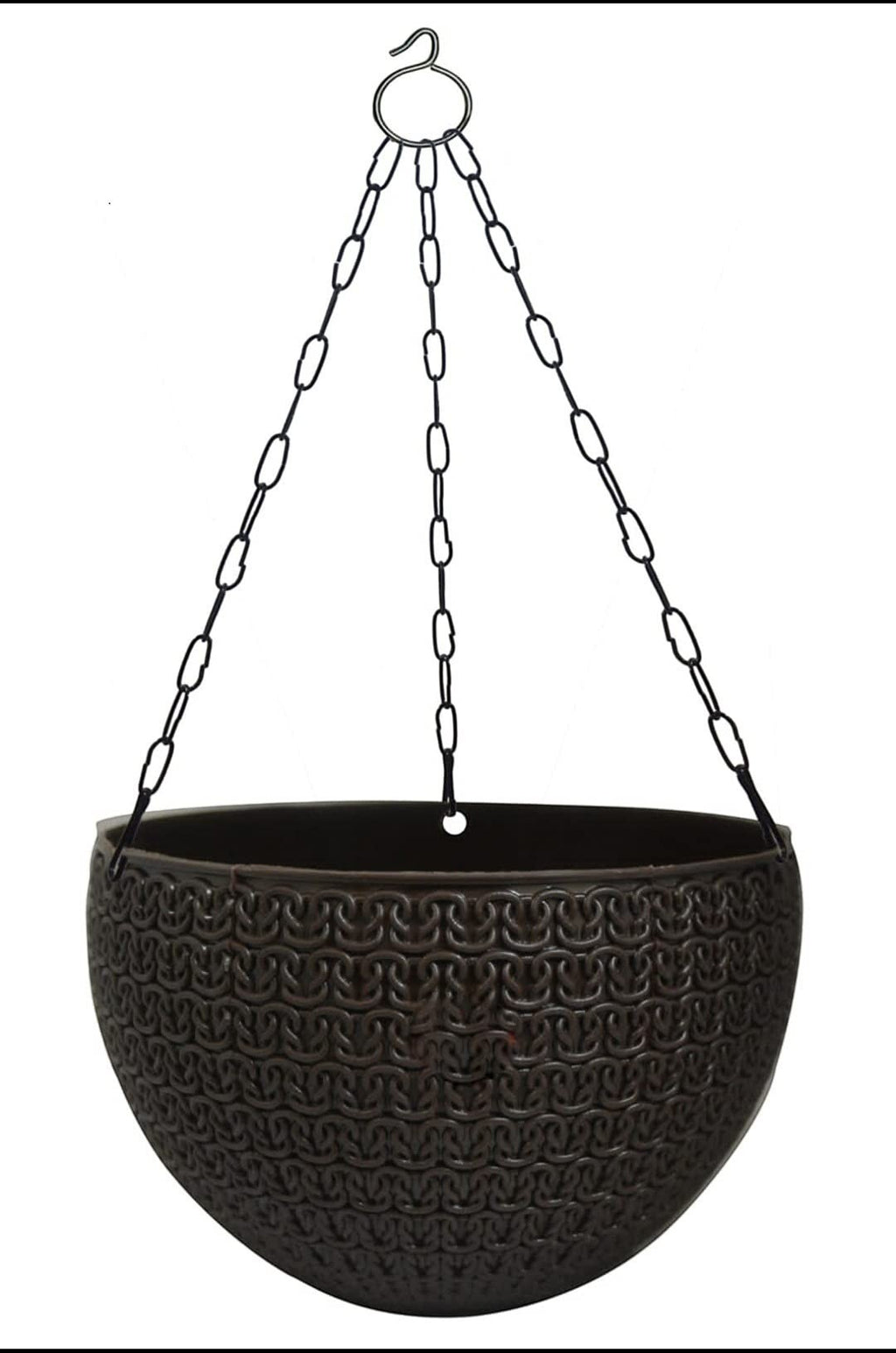 GoHooked dark brown plastic hanging planter with woven texture and metal chain. Set of 3.