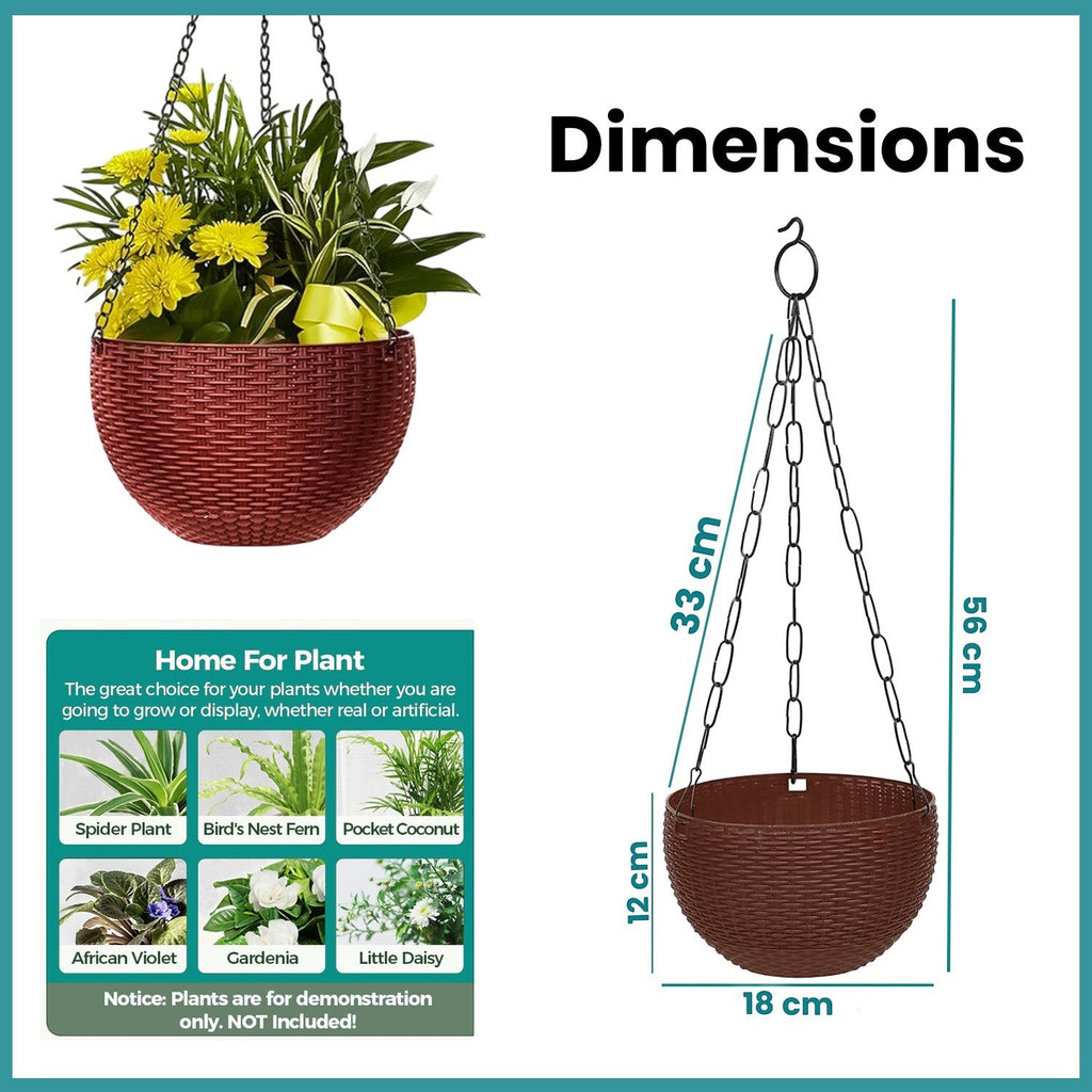 GoHooked dark brown plastic hanging planter with a woven texture and metal chain for indoor or outdoor plant display.