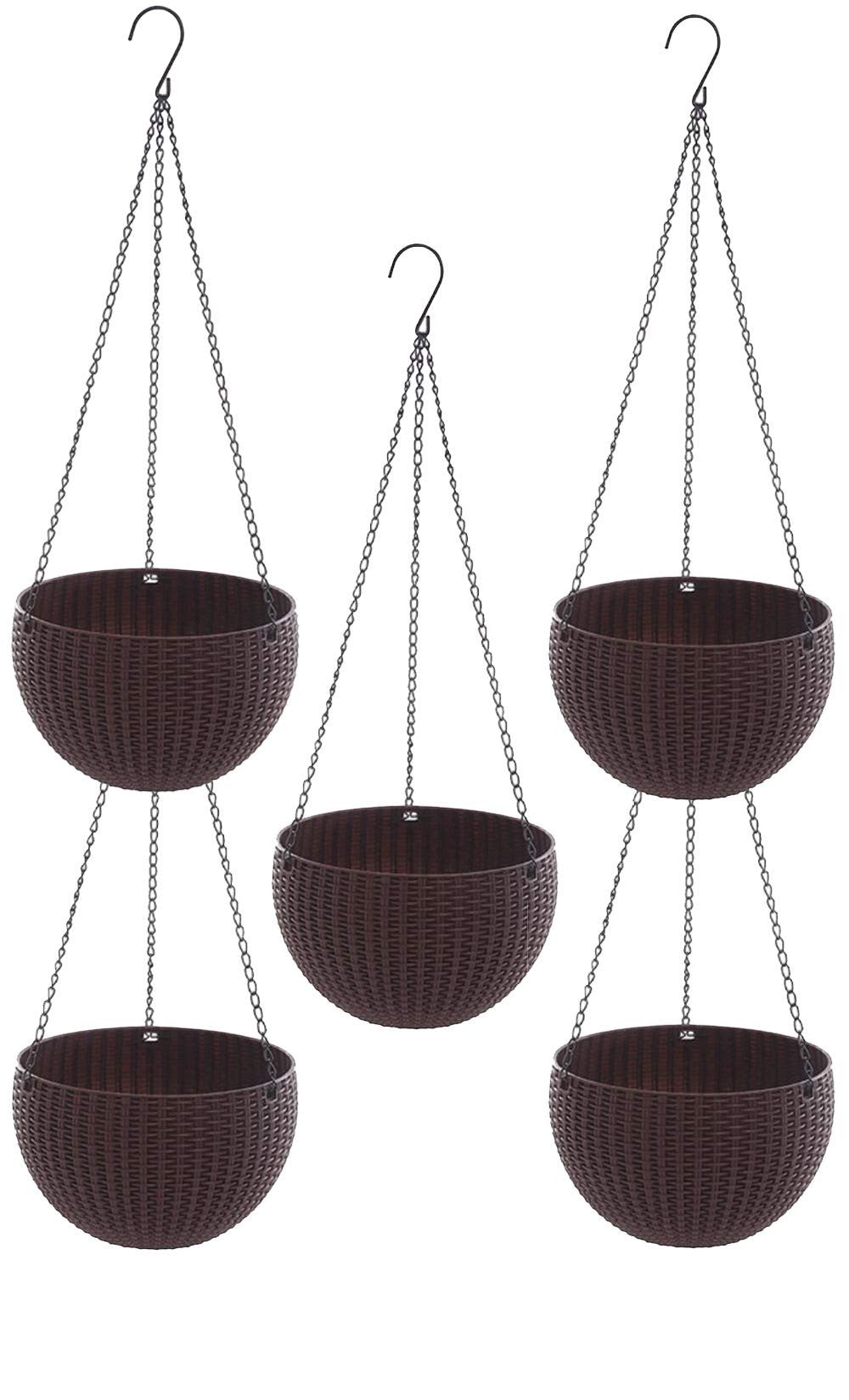 GoHooked dark brown plastic rattan hanging basket planters with metal chains, set of 3. Round woven design.