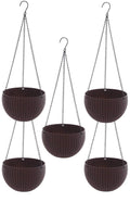 GoHooked dark brown plastic rattan hanging basket planters with metal chains, set of 3. Round woven design.