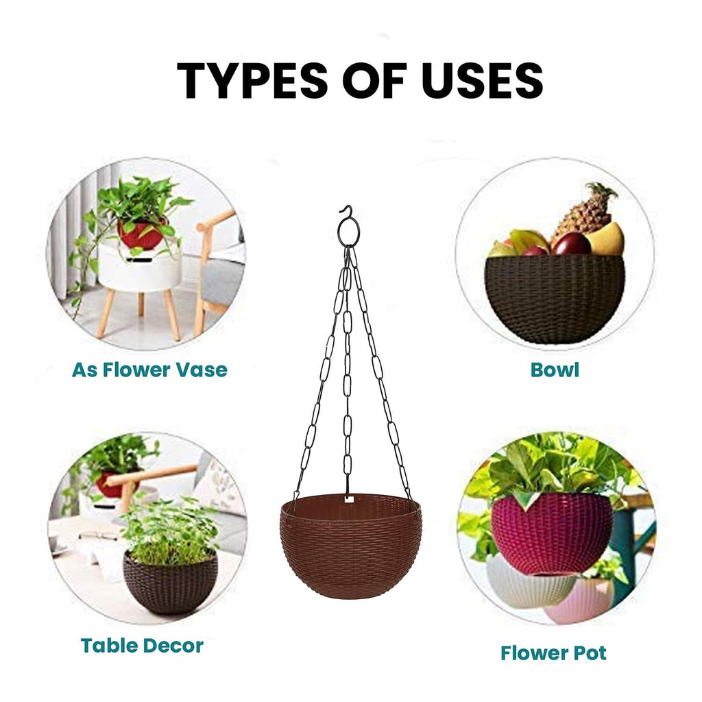 Go Hooked dark brown plastic hanging pot with woven texture, 7.1 inch diameter, 4.8 inch height, 13 inch chain.