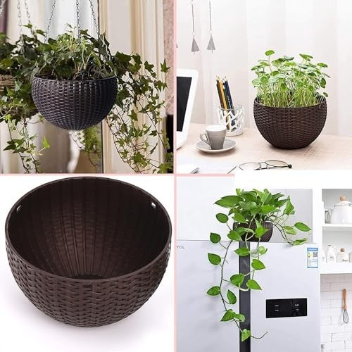 GoHooked dark brown plastic hanging pot with woven texture, 7.1 inch diameter, 4.8 inch height. Set of 8.