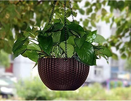 Go Hooked dark brown plastic hanging pot with woven rattan look, 7.1 inch diameter, 4.8 inch height.