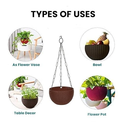 GoHooked dark brown plastic hanging pot with woven rattan look, 7.1 inch diameter, 4.8 inch height.