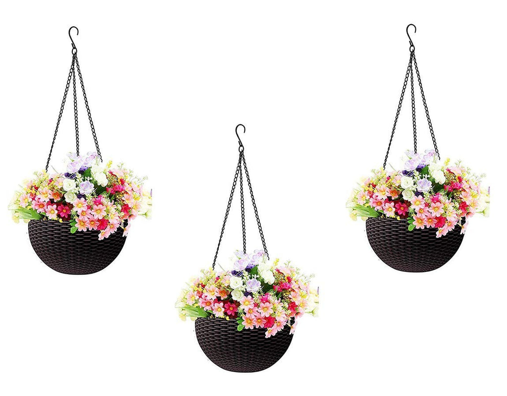 Go Hooked dark brown plastic hanging plant pots with woven texture, filled with colorful flowers. Set of 3.
