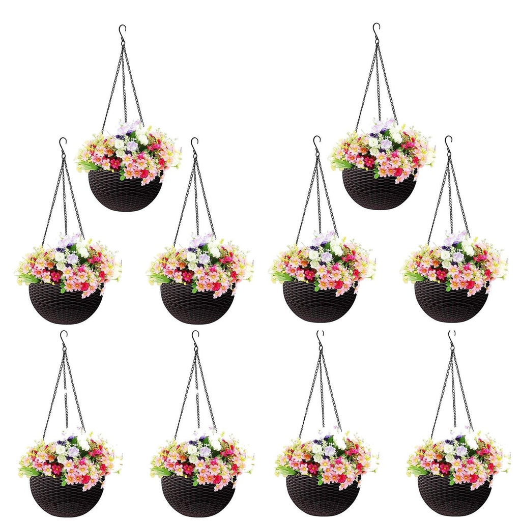 GoHooked dark brown plastic hanging pots with woven texture, filled with colorful artificial flowers. Set of 10.
