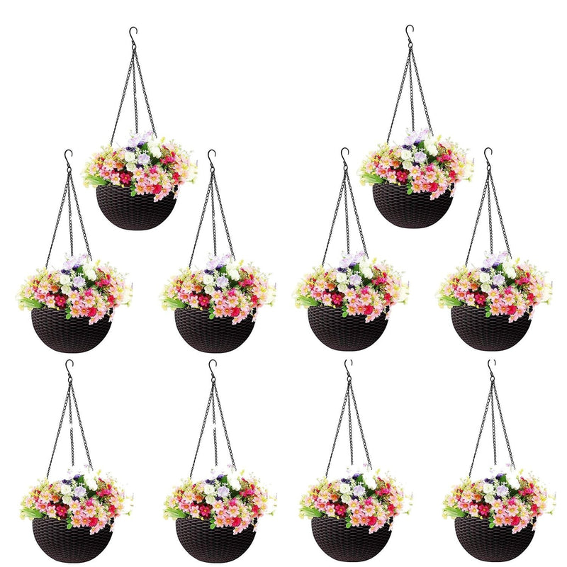 GoHooked dark brown plastic hanging pots with woven texture, filled with colorful artificial flowers. Set of 10.