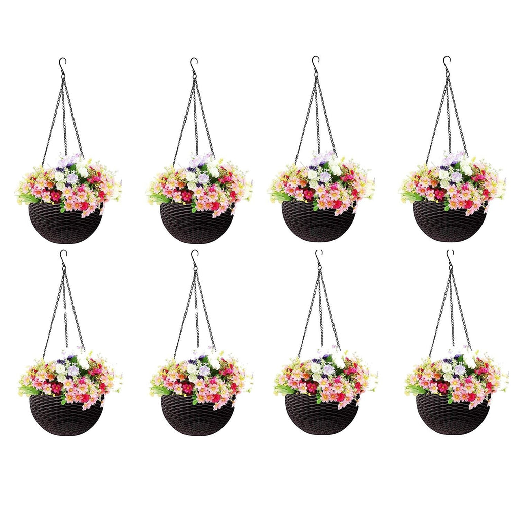GoHooked dark brown plastic hanging pots with woven texture, 7.1 inch diameter, set of 8.