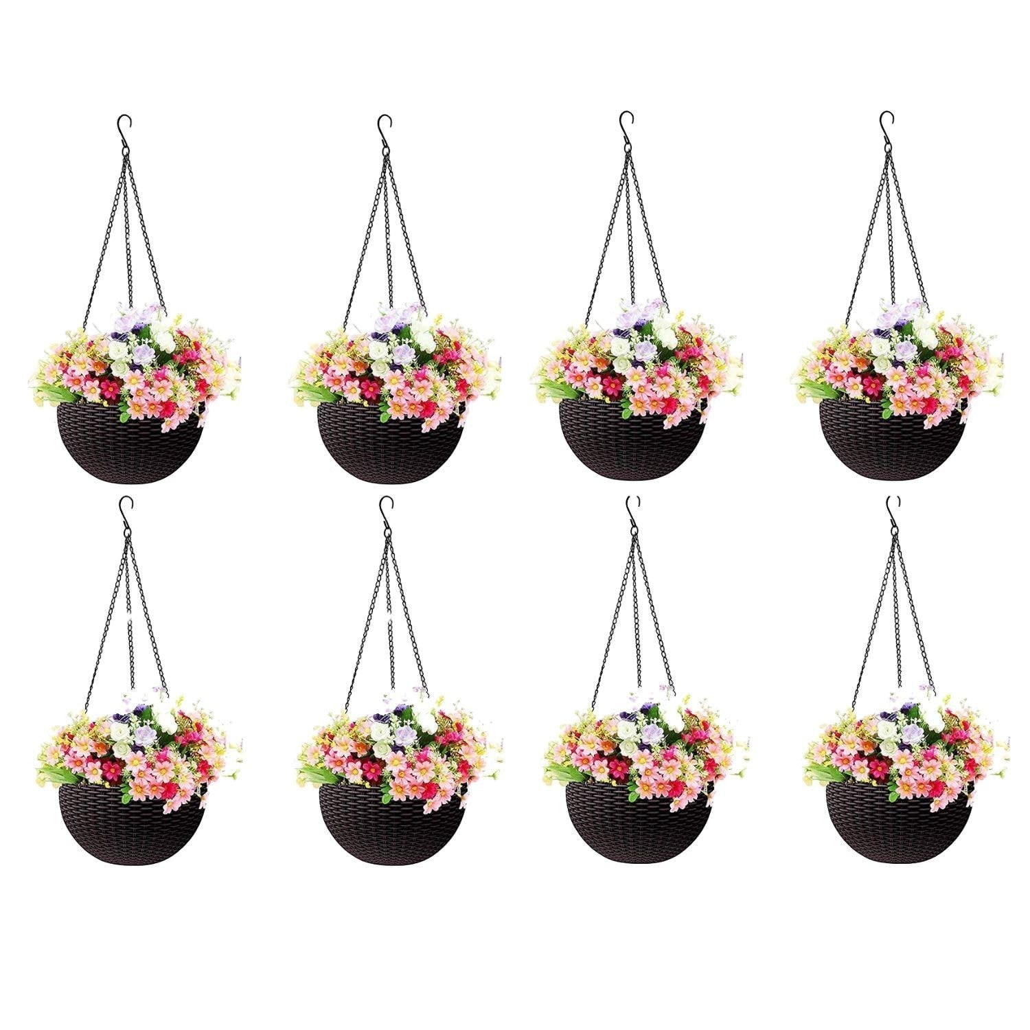 GoHooked dark brown plastic hanging pots with woven texture, 7.1 inch diameter, set of 8.