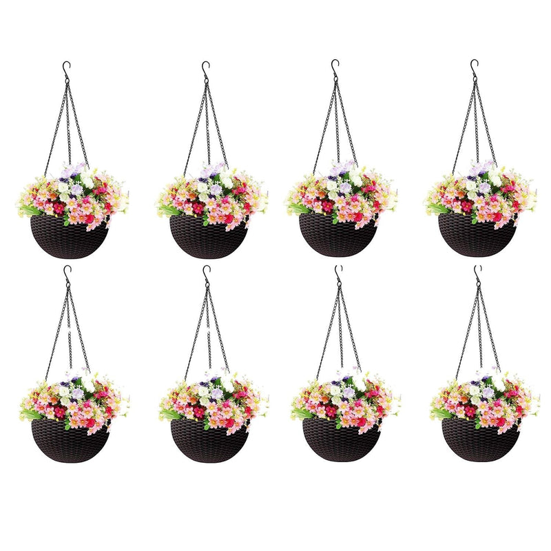 GoHooked dark brown plastic hanging pots with woven texture, 7.1 inch diameter, set of 8.