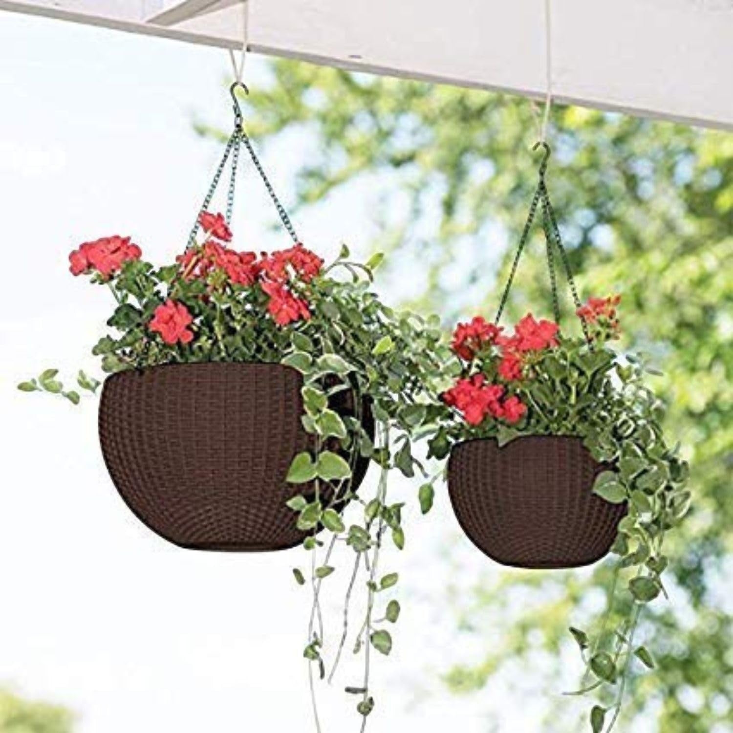 GoHooked dark brown plastic hanging pots with woven texture, holding red flowers and green vines.