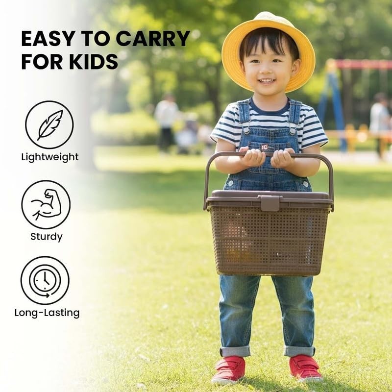 Go Hooked dark brown plastic picnic basket with lid and handle, perfect for toys, diapers, and essentials.