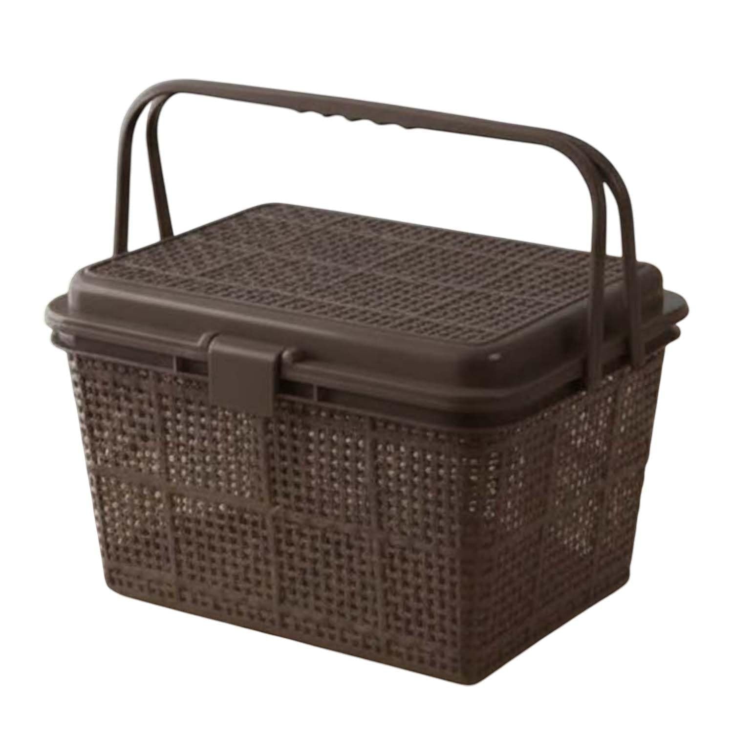 GoHooked dark brown plastic picnic basket with lid, snap lock, and handle. Ideal for toys, diapers, and essentials.