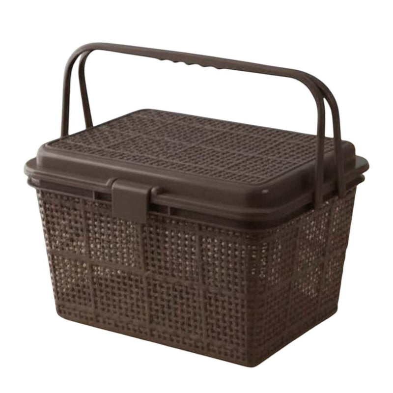 GoHooked dark brown plastic picnic basket with lid, snap lock, and handle. Ideal for toys, diapers, and essentials.